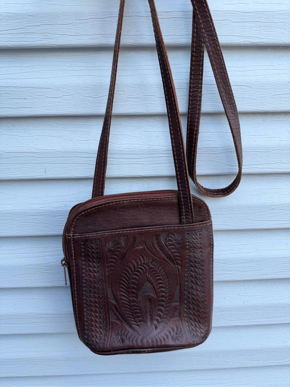 Vintage Brown Tooled Leather Crossbody Bag Western Boho Floral Purse